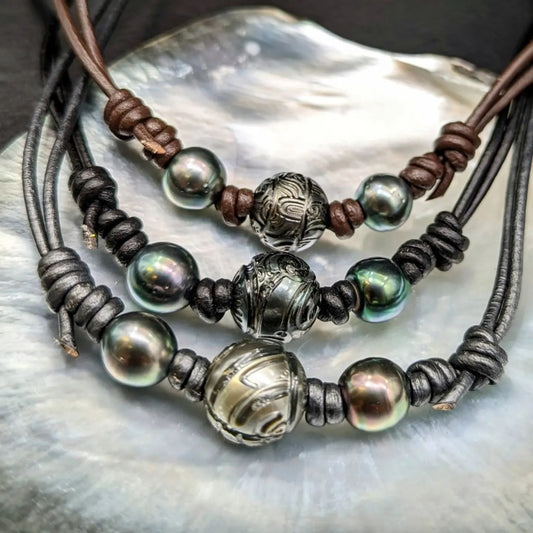 Hand-carved "Tattooed" Tahitian Pearl Necklace