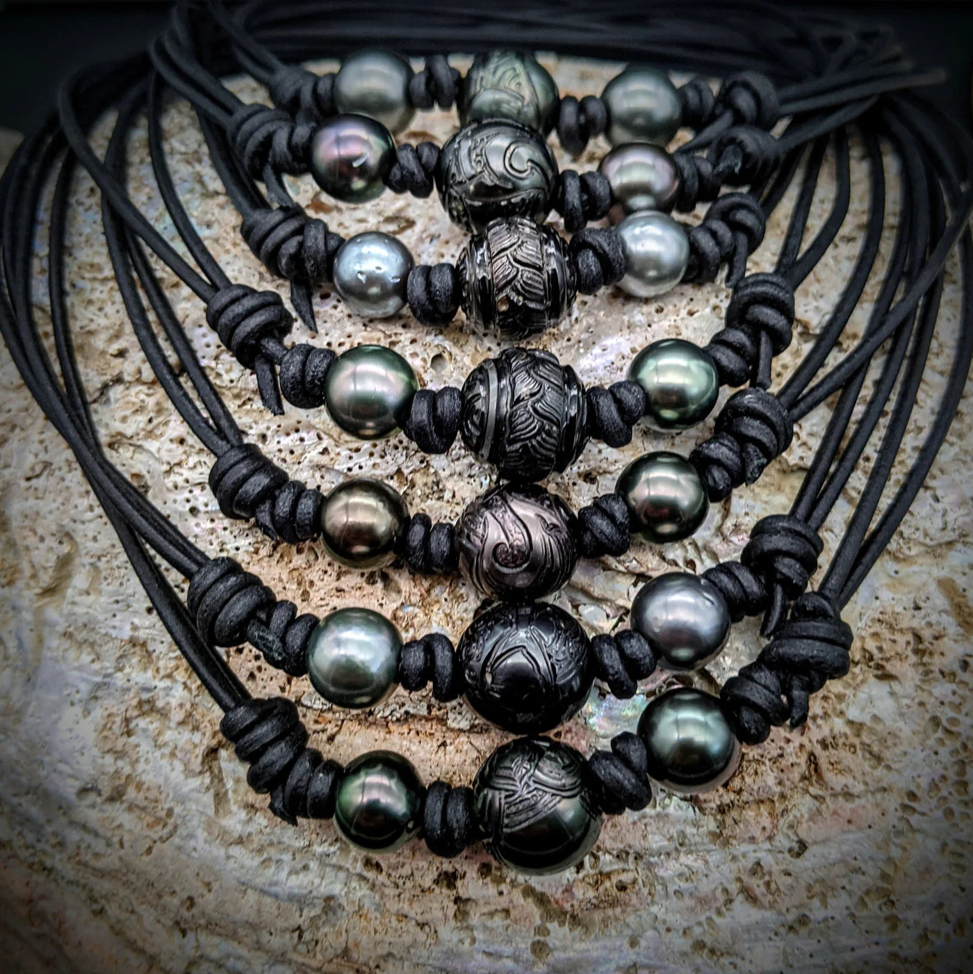 Hand-carved "Tattooed" Tahitian Pearl Necklace