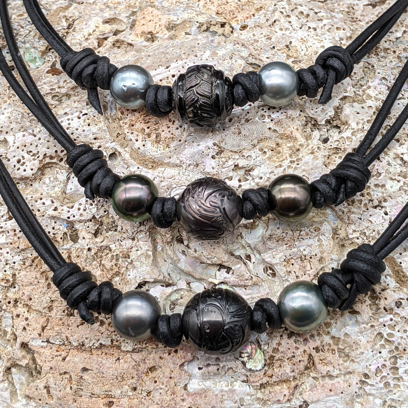 Hand-carved "Tattooed" Tahitian Pearl Necklace