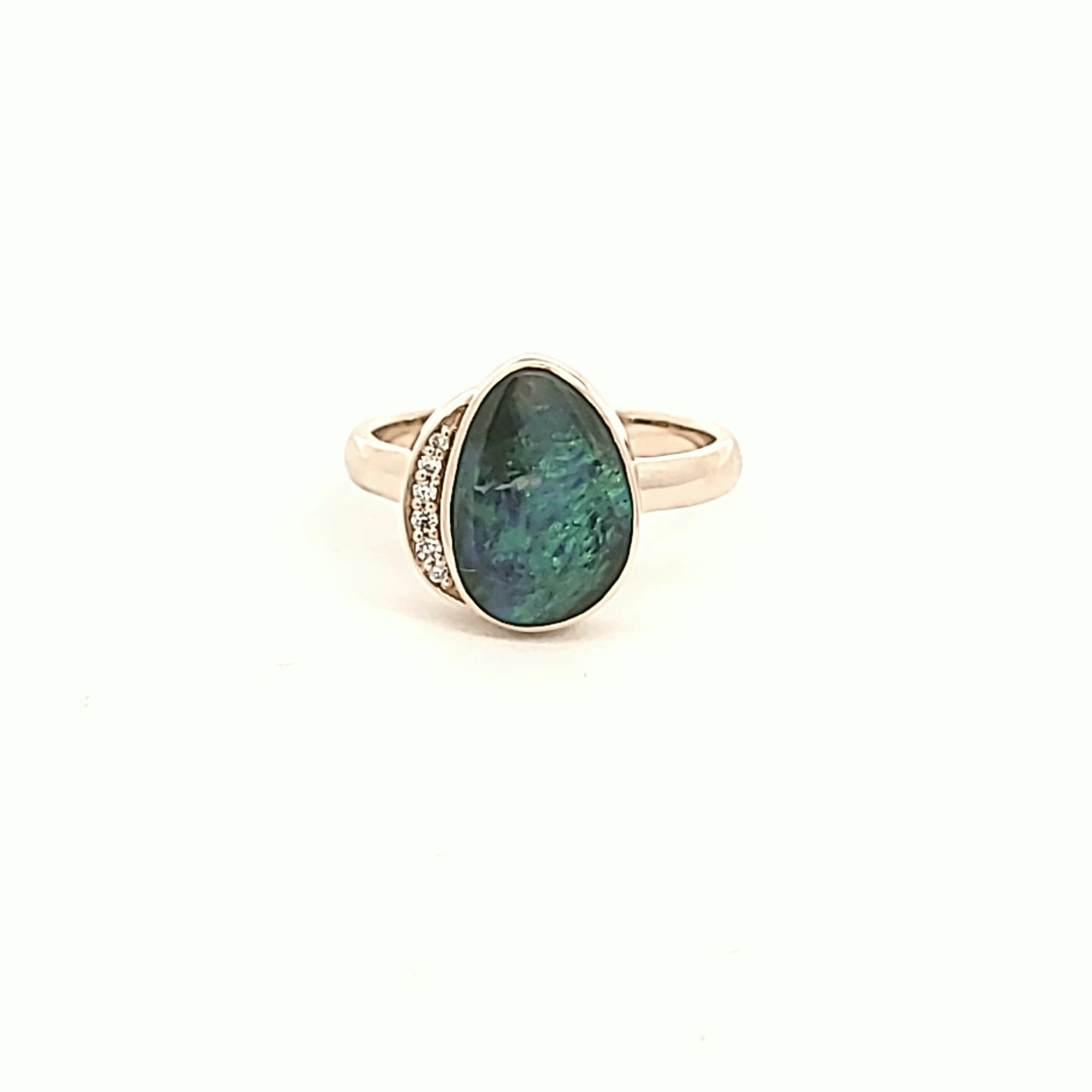 Asymmetrical Black Opal and Diamond Ring