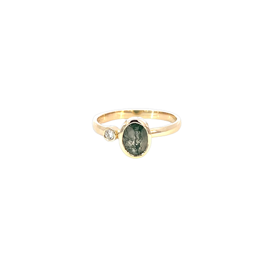 14K Yellow Gold Moss Agate and Diamond Ring